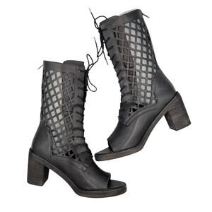 Vintage Foundry Company Normandy Laser Cut Leather Open Toe Lace Up Midi Boots